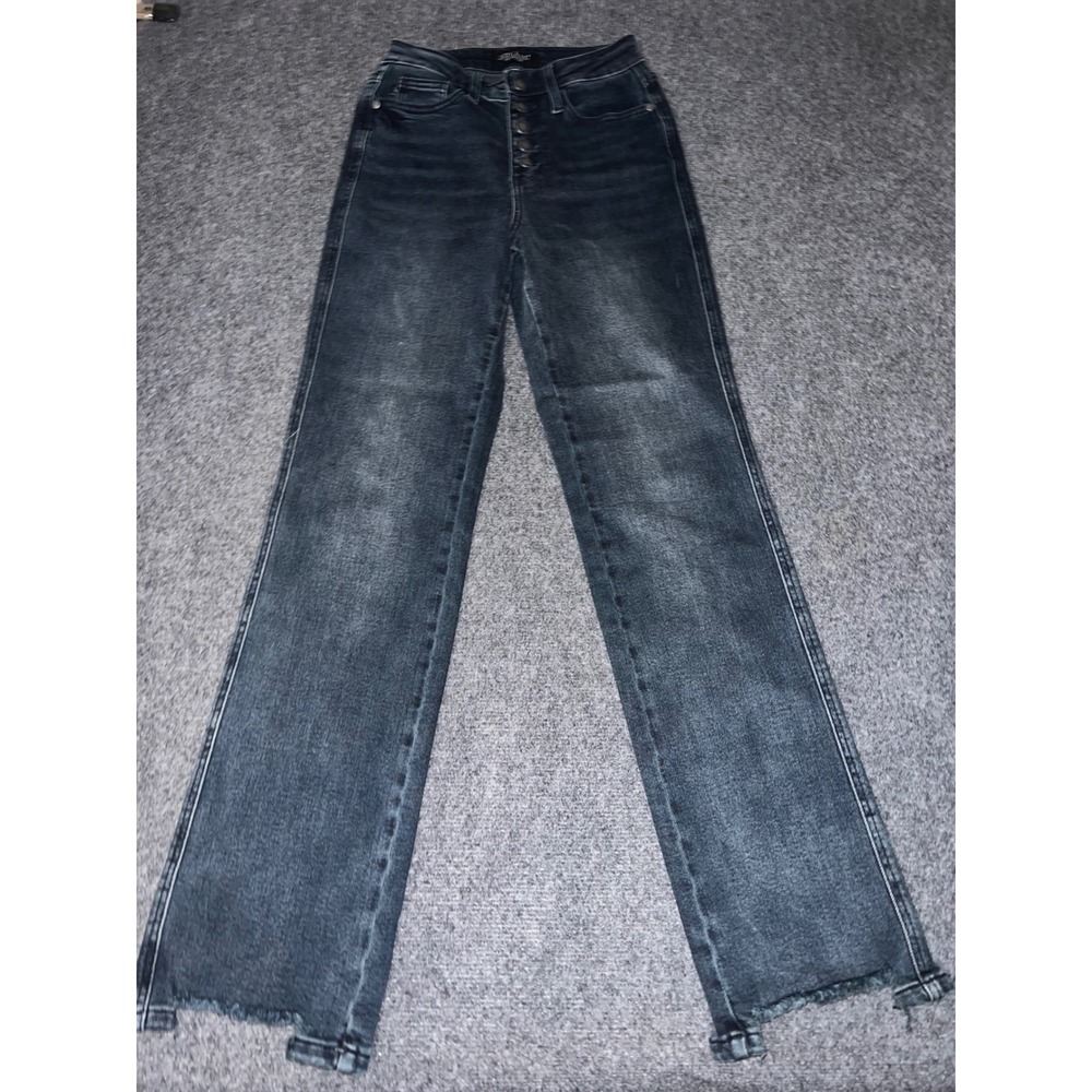 Judy Blue Straight Fit Jeans Dark Wash Button Fly Raw Hem Size 0 24 Womens